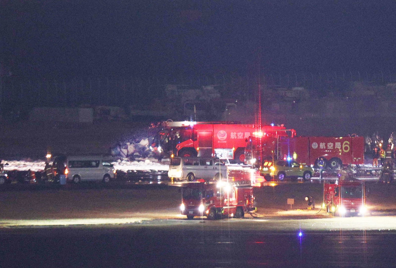 epa11053443 Firefighters work to extinguish a fire on a Japan Airline (JAL) passenger plane on the tarmac at Haneda Airport in Tokyo, Japan, 02 January 2024, after its landing. The JAL airplane reportedly collided with a Japan Coast Guard plane as it landed. All 379 people on the JAL plane, including 367 passengers and 12 crew members, have been safely evacuated, according to JAL. According to the Metropolitan Police Department, five of the six crew on board the Japan Coast Guard aircraft, excluding the captain, were confirmed dead. The coast guard aircraft was due to deliver aid to areas hit by the earthquake.  EPA/JIJI PRESS JAPAN OUT EDITORIAL USE ONLY/