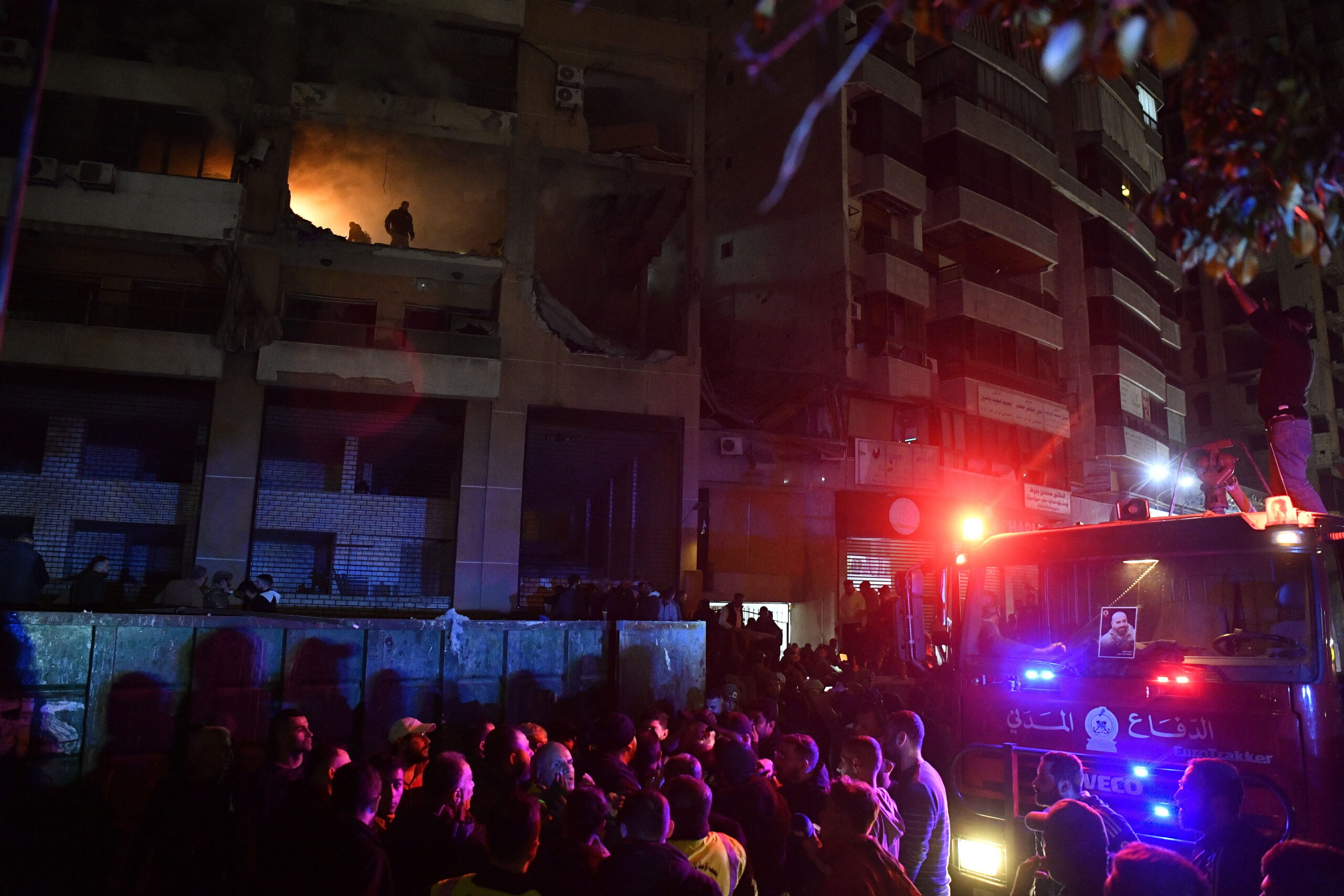 epaselect epa11053845 Emergency services pictured at the site of an explosion in the southern district of Dahiyeh, Beirut, Lebanon 2 January 2024. According to Lebanese state media four people were killed in the explosion including Hamas deputy head, Saleh al Arouri.  EPA/ABBAS SALMAN