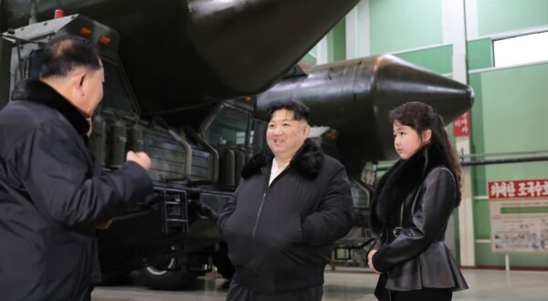 epa11057956 An undated photo released by the official North Korean Central News Agency (KCNA) on 05 January 2024 shows North Korean leader Kim Jong Un and his daughter Ju Ae inspecting a missile launcher production facility in an undisclosed location in North Korea. According to KCNA, Kim Jong Un calls for expanded production of 'various TELs (transporter erector launcher) for tactical and strategic weapon' for the country to be 'firmly prepared for a military showdown with the enemy'.  EPA/KCNA   EDITORIAL USE ONLY  EDITORIAL USE ONLY