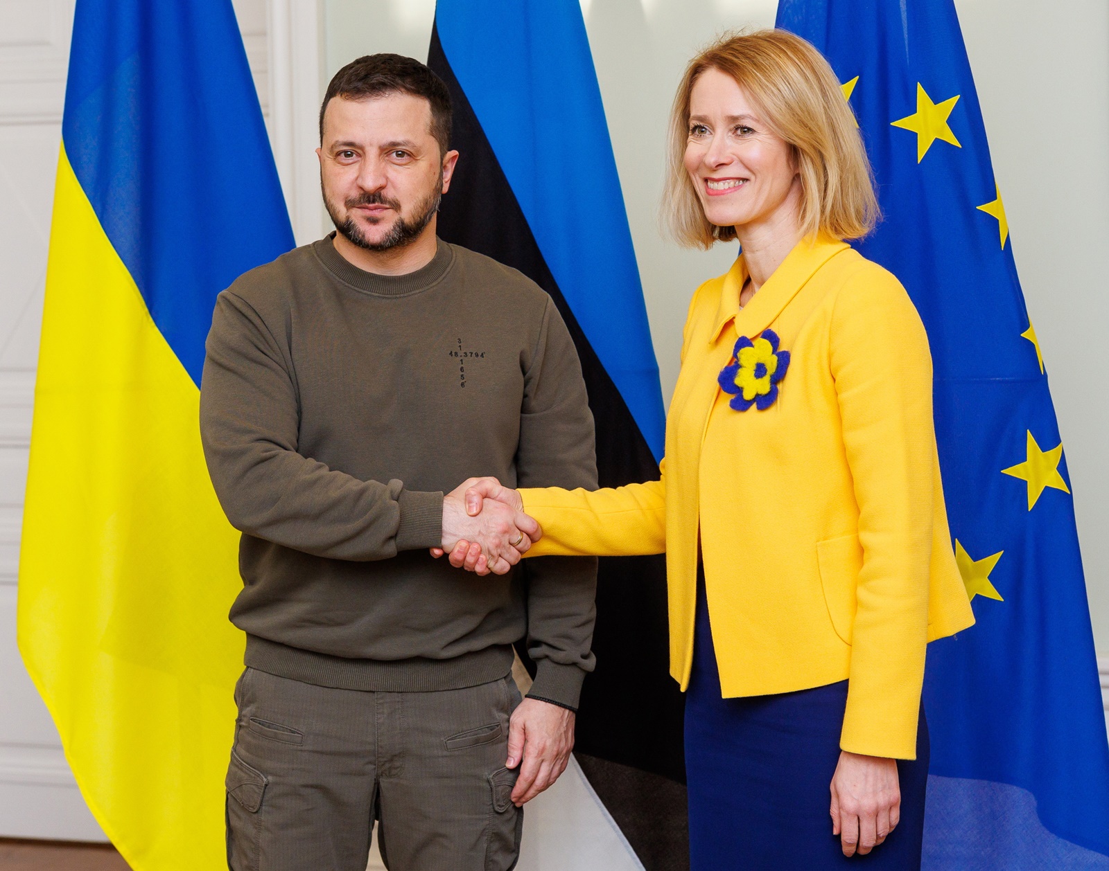 epa11069238 A handout photo made available by the government office of Estonia shows Estonian Prime Minister Kaja Kallas (R) and Ukrainian President Volodymyr Zelensky during their meeting in Tallinn, Estonia, 11 January 2024. Zelensky has made visits to Lithuania, Estonia and Latvia where he met with top officials to discuss support for Ukraine amid the Russian invasion as well as Ukrainian 'integration into the EU and NATO' and security.  EPA/RAUL MEE HANDOUT   HANDOUT EDITORIAL USE ONLY/NO SALES HANDOUT EDITORIAL USE ONLY/NO SALES