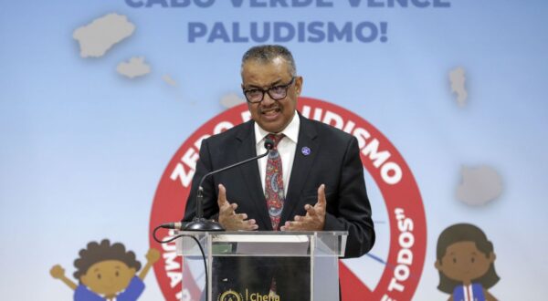 epa11071359 The Director-General of the World Health Organization (WHO) Tedros Adhanom Ghebreyesus speaks at the ceremony to certify Cape Verde by the World Health Organization (WHO) as a malaria-free country, at Praia, Santiago Island, Cape Verde, 12 January 2024. Cape Verde is the third country to be certified in the WHO's African region, joining Mauritius and Algeria, which were certified in 1973 and 2019, respectively.  EPA/ELTON MONTEIRO