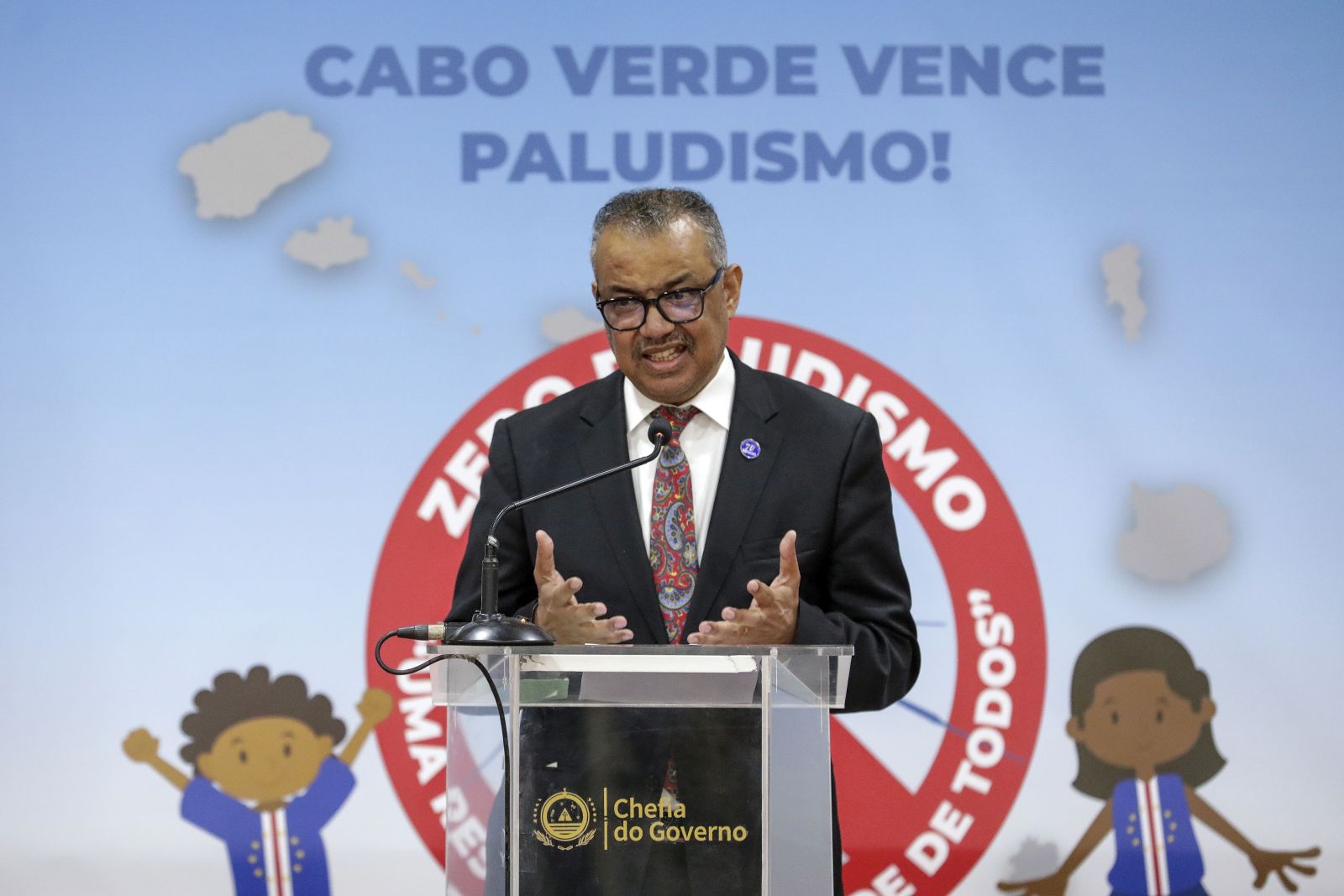 epa11071359 The Director-General of the World Health Organization (WHO) Tedros Adhanom Ghebreyesus speaks at the ceremony to certify Cape Verde by the World Health Organization (WHO) as a malaria-free country, at Praia, Santiago Island, Cape Verde, 12 January 2024. Cape Verde is the third country to be certified in the WHO's African region, joining Mauritius and Algeria, which were certified in 1973 and 2019, respectively.  EPA/ELTON MONTEIRO