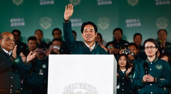 epa11073486 Taiwanese Vice President and ruling Democratic Progressive Party (DPP) presidential candidate William Lai Ching-te (C) waves beside vice presidential candidate Hsiao Bi-khim (R) during a rally after winning the presidential elections in Taipei, Taiwan, 13 January 2024. DPP's William Lai is set to be Taiwan's next president after his rivals conceded defeat in the Taiwan presidential elections.  EPA/DANIEL CENG