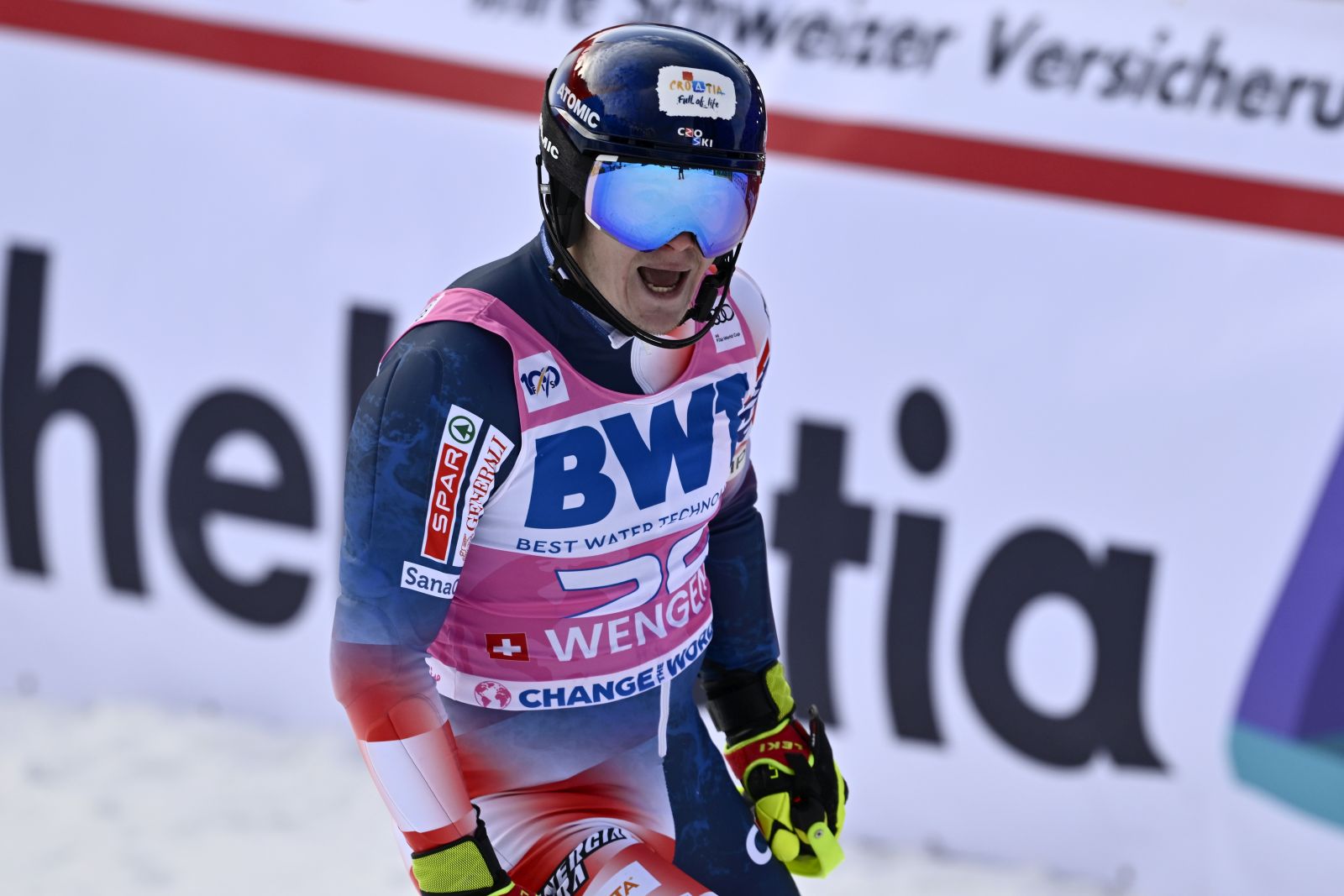 epa11075969 Filip Zubcic of Croatia reacts in the finish area during the second run of the men's slalom race at the Alpine Skiing FIS Ski World Cup in Wengen, Switzerland, 14 January 2024.  EPA/JEAN-CHRISTOPHE BOTT