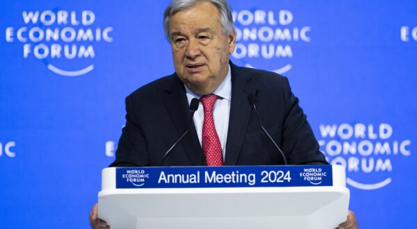 epa11084657 United Nations Secretary-General Antonio Guterres speaks during a plenary session in the Congress Hall as part of the 54th annual meeting of the World Economic Forum (WEF), in Davos, Switzerland, 17 January 2024. The meeting brings together entrepreneurs, scientists, corporate and political leaders in Davos under the topic 'Rebuilding Trust' from 15 to 19 January.  EPA/GIAN EHRENZELLER