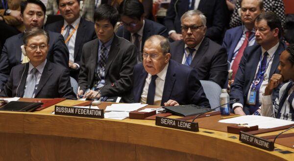 epa11099627 Russian Foreign Minister Sergey Lavrov (C) speaks during a United Nations Security Council meeting on the situation in the Middle East including the Palestinian question, at the United Nations Headquarters in New York, USA, 23 January 2024.  EPA/SARAH YENESEL