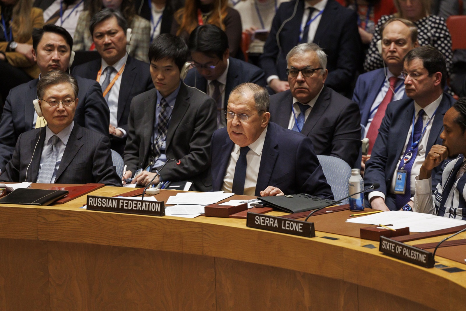 epa11099627 Russian Foreign Minister Sergey Lavrov (C) speaks during a United Nations Security Council meeting on the situation in the Middle East including the Palestinian question, at the United Nations Headquarters in New York, USA, 23 January 2024.  EPA/SARAH YENESEL