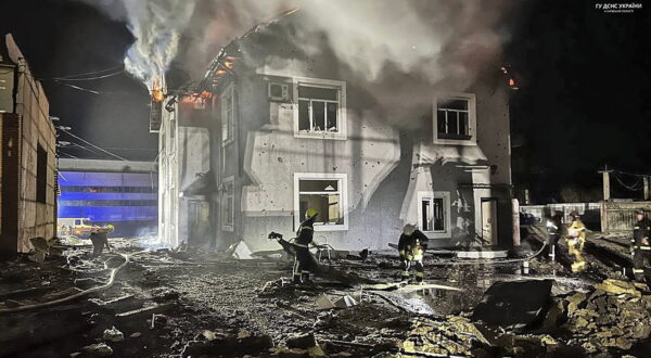 epa11113565 A handout picture made available by the State Emergency Service shows Ukrainian rescuers working on the site of an overnight drone attack on an administrative building in the Kyiv region, Ukraine, 30 January 2024. Thirty-five Russian shock drones in total were involved in the overnight attack on Ukraine, 15 of them were shot down, according to Ukraine's Air Force Command of the Armed Forces. Nobody was killed or injured during that attack.  EPA/STATE EMERGENCY SERVICE HANDOUT HANDOUT  HANDOUT EDITORIAL USE ONLY/NO SALES HANDOUT EDITORIAL USE ONLY/NO SALES