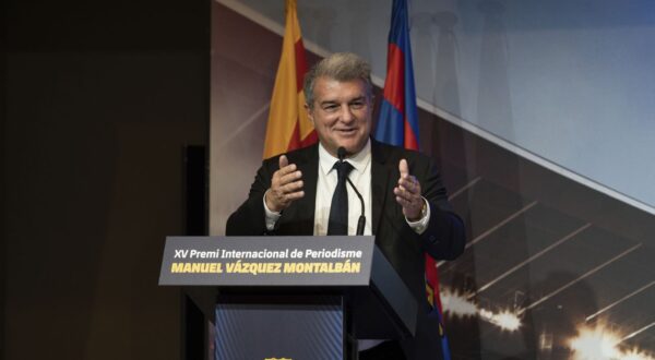 The president of the azulgrana club, Joan Laporta, speaks during the ceremony in which the British ex-footballer Gary Lineker receives the Vázquez Montalbán Award in sports journalism, at the Camp Nou, on October 24, 2022, in Barcelona, Catalonia (Spain). Gary Lineker played for FC Barcelona between 1986 and 1989 and is now an ambassador for LaLiga and comments on the Spanish championship for viewers in the UK and Ireland on LaLiga TV. The award is presented by FC Barcelona together with the College of Journalists of Catalonia, which has valued Gary Linker's communication skills, as well as his ironic and critical view of soccer. The award has been given since 2004 in memory of and as a tribute to the journalist and writer Manuel Vázquez Montalbán, which distinguishes journalistic careers in two categories: cultural and political journalism and sports journalism. OCTOBER 24;2022;BARCELONA;CATALONIA;VÁZQUEZ MONTALBÁN AWARD David Zorrakino / Europa Press 10/24/2022 (Europa Press via AP)