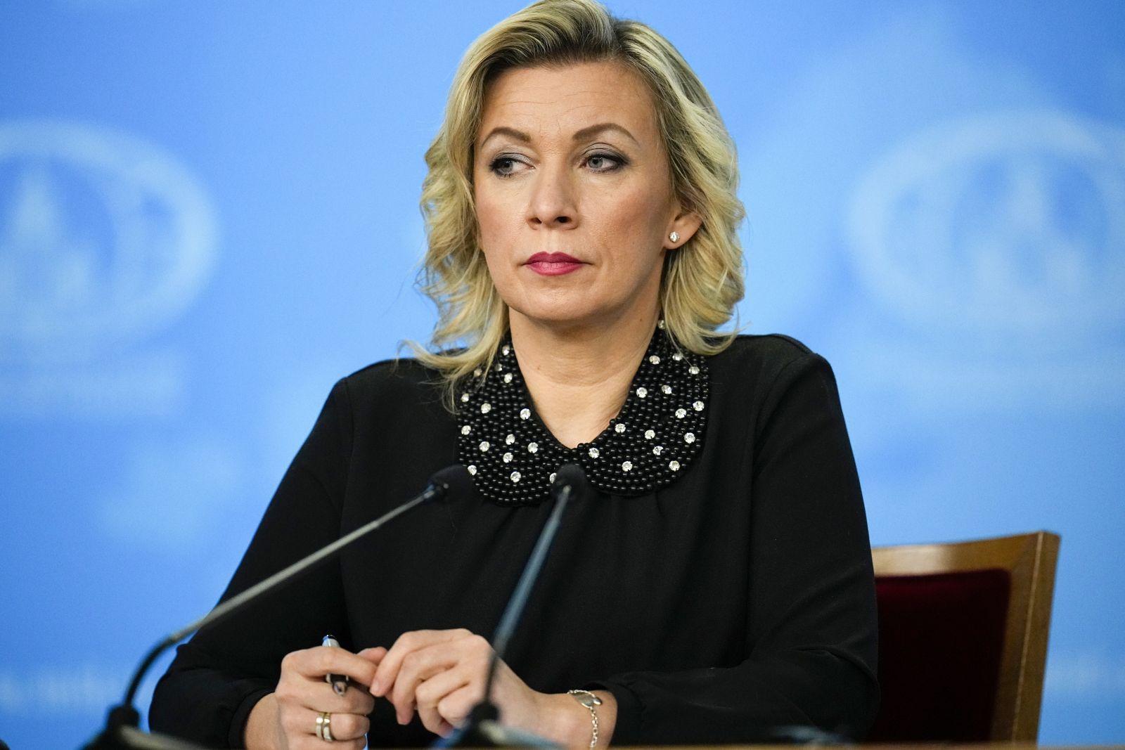 Russian Foreign Ministry spokeswoman Maria Zakharova attends Russian Foreign Minister Sergey Lavrov's annual news conference in Moscow, Russia, Wednesday, Jan. 18, 2023. (AP Photo/Alexander Zemlianichenko)