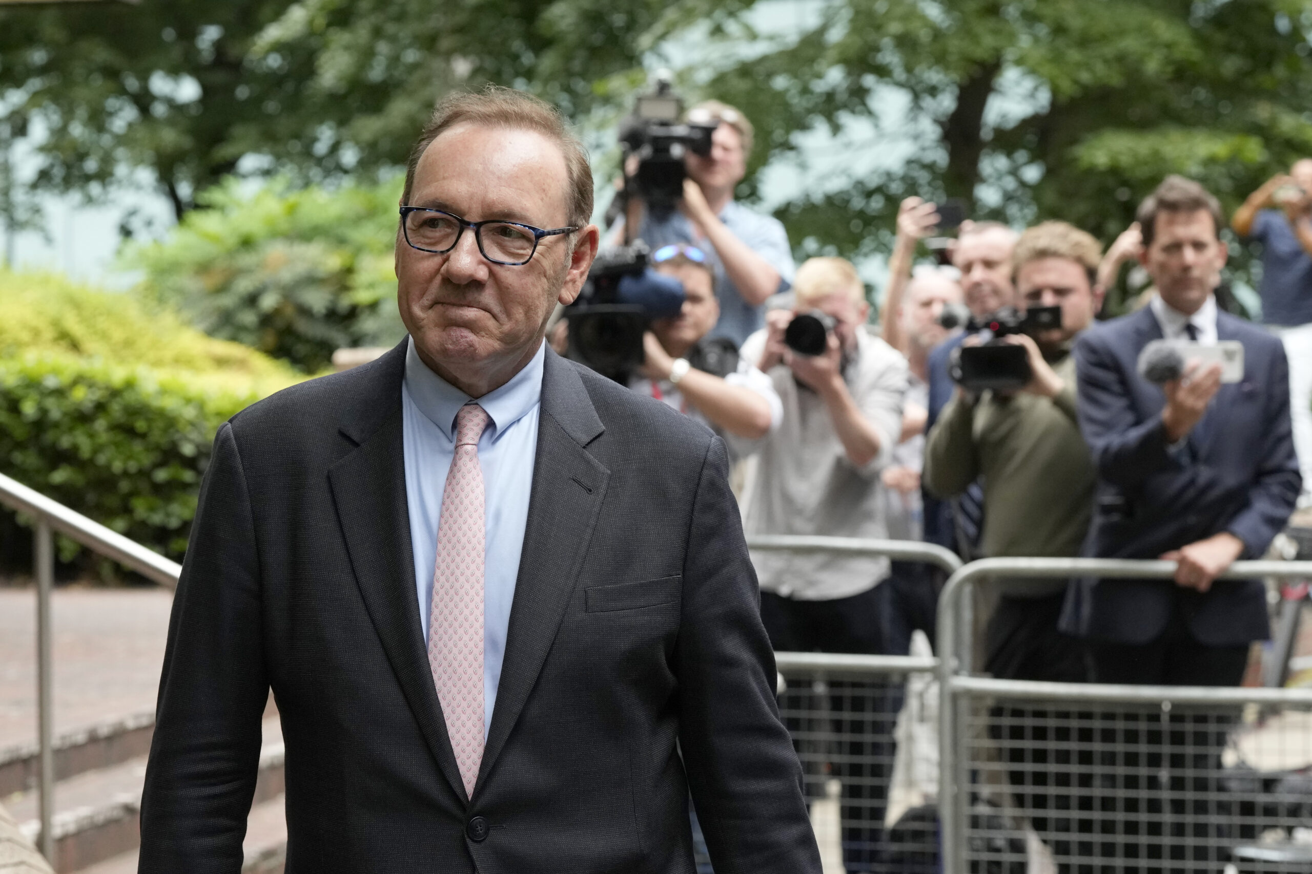 Actor Kevin Spacey leaves Southwark Crown Court in London, Wednesday, June 28, 2023. Spacey is going on trial on charges he sexually assaulted four men as long as two decades ago. The double-Oscar winner faces a dozen charges as his trial begins Wednesday at Southwark Crown Court. Spacey pleads not guilty to all charges .(AP Photo/Frank Augstein)