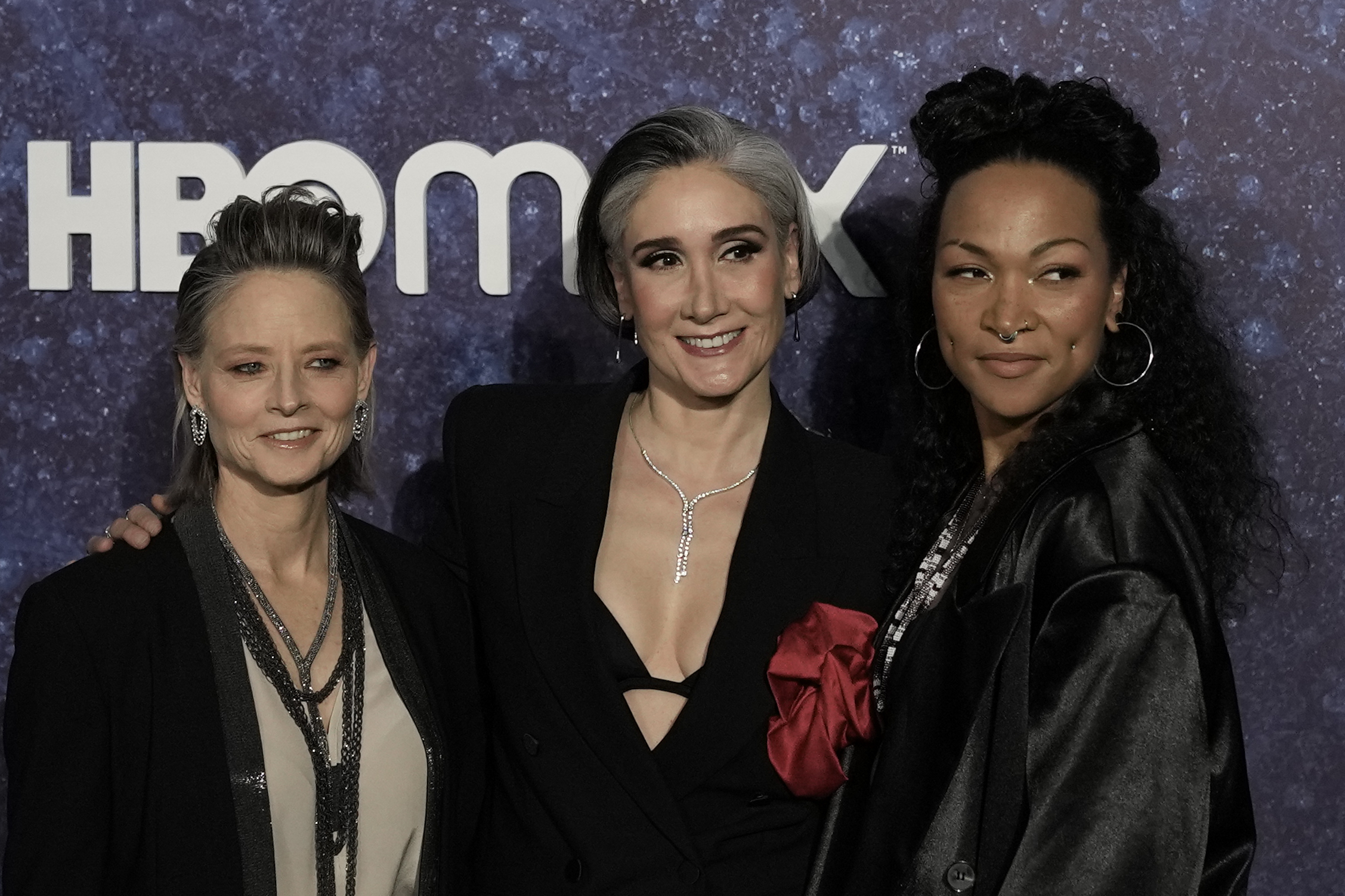 Jodie Foster, from left, Issa Lopez and Kali Reis attend the red carpet event for their HBO series, True Detective: Night Country, in Mexico City, Thursday, Jan. 11, 2024. (AP Photo/Eduardo Verdugo)