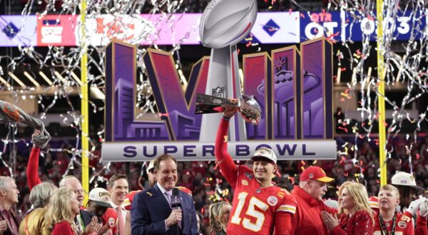 Kansas City Chiefs quarterback Patrick Mahomes (15) holds the Vince Lombardi Trophy after the NFL Super Bowl 58 football game against the San Francisco 49ers on Sunday, Feb. 11, 2024, in Las Vegas. The Chiefs won 25-22. (AP Photo/George Walker IV)