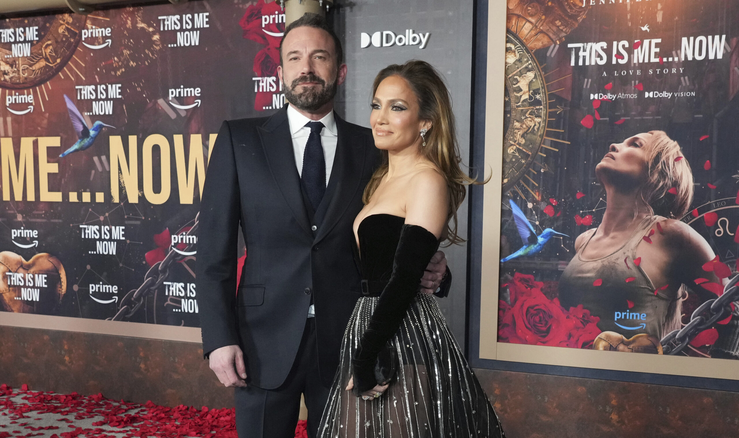 Ben Affleck, left, and Jennifer Lopez arrive at the premiere of "This Is Me... Now: A Love Story" on Tuesday, Feb. 13, 2024, at the Dolby Theatre in Los Angeles. (Photo by Jordan Strauss/Invision/AP)