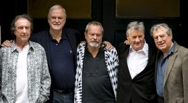 FILE - In this June 30, 2014 file photo, from left, Eric Idle, John Cleese, Terry Gilliam, Michael Palin and Terry Jones of the comedy troop Monty Python pose for photographers during a photo in London. A 40th anniversary screening of Monty Python and the Holy Grail will take place during the Tribeca Film Festival on Friday, April 24, 2015, at the Beacon Theatre in New York. (Photo by John Phillips Invision/AP, File)