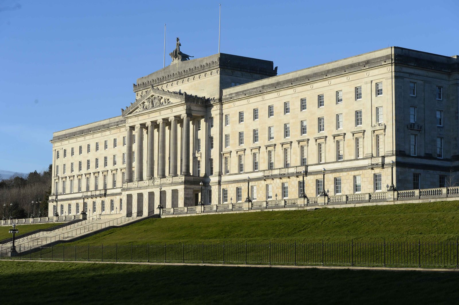 epa11114346 A general view of the Parliament Buildings in the Stormont Estate Stormont, Belfast, Northern Ireland, Britain, 30 January 2024. Powersharing in Northern Ireland is set to return after the DUP party executive backed a Government deal aimed at addressing its concerns over post-Brexit trade barriers.  EPA/MARK MARLOW