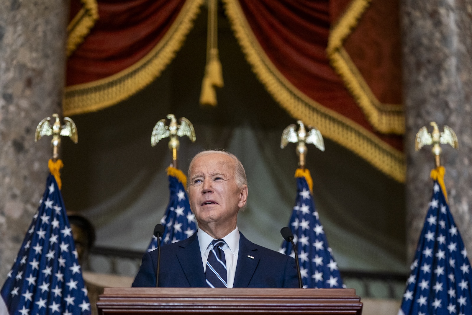 epa11118292 US President Joe Biden delivers remarks at the National Prayer Breakfast in Statuary Hall of the US Capitol in Washington, DC, USA, 01 February 2024. Every US president since Dwight Eisenhower in 1953 has attended the annual breakfast.  EPA/SHAWN THEW / POOL