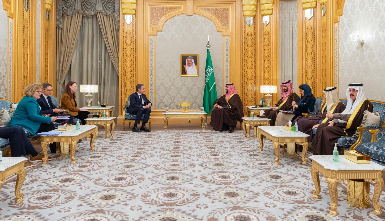 epa11129780 A handout photo made available by Saudi Royal Palace shows Saudi Crown Prince Mohammed bin Salman (C-R) meeting with US Secretary of State Antony Blinken (C-L), in Riyadh, Saudi Arabia, 05 February 2024. Blinken arrived in Saudi Arabia at the beginning of a regional tour that will also take him to Egypt, Qatar, Israel, and the West Bank.  EPA/BANDAR ALJALOUD HANDOUT  HANDOUT EDITORIAL USE ONLY/NO SALES HANDOUT EDITORIAL USE ONLY/NO SALES