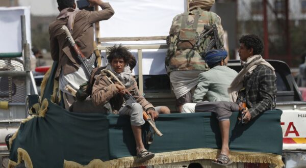 epa11142621 Houthi fighters ride on the back of a pick-up vehicle, in Sana'a, Yemen, 10 February 2024. The US designation of the Houthis as a terrorist group will take effect on 16 February, if the militia does not stop its strikes on ships in the Red Sea and the Gulf of Aden, according to a statement by US ambassador to Yemen Steven Fagin. In January 2024, the US Department of State designated Yemen's Houthis as a 'Specially Designated Global Terrorist group' due to their increased attacks on shipping lanes. In December 2023, the US Department of Defense announced a multinational operation to safeguard trade and protect ships in the Red Sea in response to the escalation of Houthi attacks.  EPA/YAHYA ARHAB