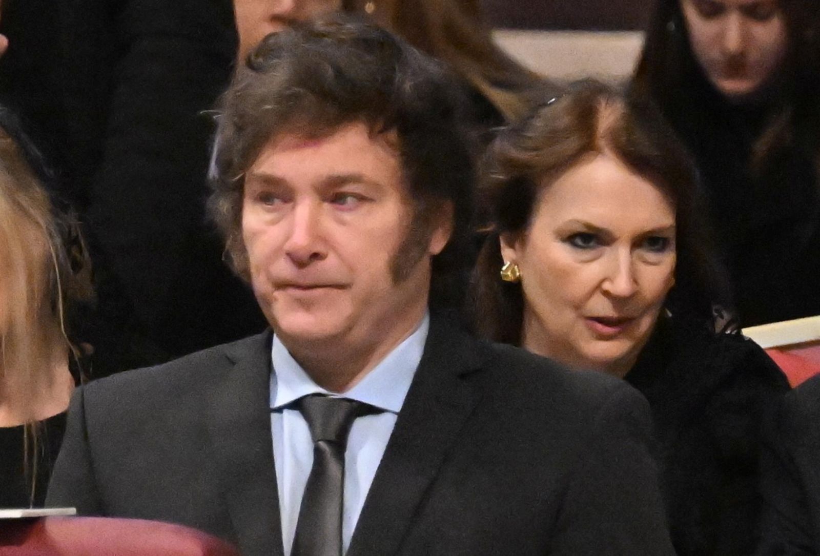 epa11144214 Argentina's President Javier Milei (C) and his sister Karina Milei (L) attend a Holy Mass for Canonization of Maria Antonia of Saint Joseph de Paz y Figueroa in Saint Peter's Basilica, Vatican City, 11 February 2024.  On the anniversary of the first apparition of the Blessed Virgin Mary in Lourdes, Pope Francis canonized Maria Antonia of Saint Joseph de Paz y Figueroa, also known as Mama Antula, the founder of the House for Spiritual Exercises of Buenos Aires.  EPA/CLAUDIO PERI