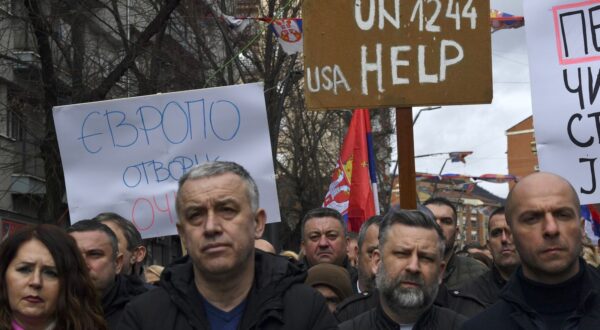 epa11147504 Ethnic Serbs take part in a protest against Kosovo's Central Bank decision to enforce Euro-only cash transactions, in North Mitrovica, Kosovo, 12 February 2024. The Central Bank's ordinance indicates that the euro is the only means of payment in Kosovo and that, in this regard, every transaction should be in euros as the only official currency in Kosovo. Kosovo Serbs see the mandate as an attempt to cut off payments such as pensions, tuition, and salaries made by the Republic of Serbia in Serbian currency, the dinar.  EPA/GEORGI LICOVSKI