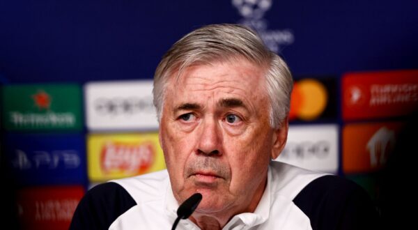 epa11148190 Madrid's head coach Carlo Ancelotti attends a press conference in Leipzig, Germany, 12 February 2024. Real Madrid will face RB leipzig in their UEFA Champions League Round of 16 first leg soccer match on 13 February.  EPA/Filip Singer