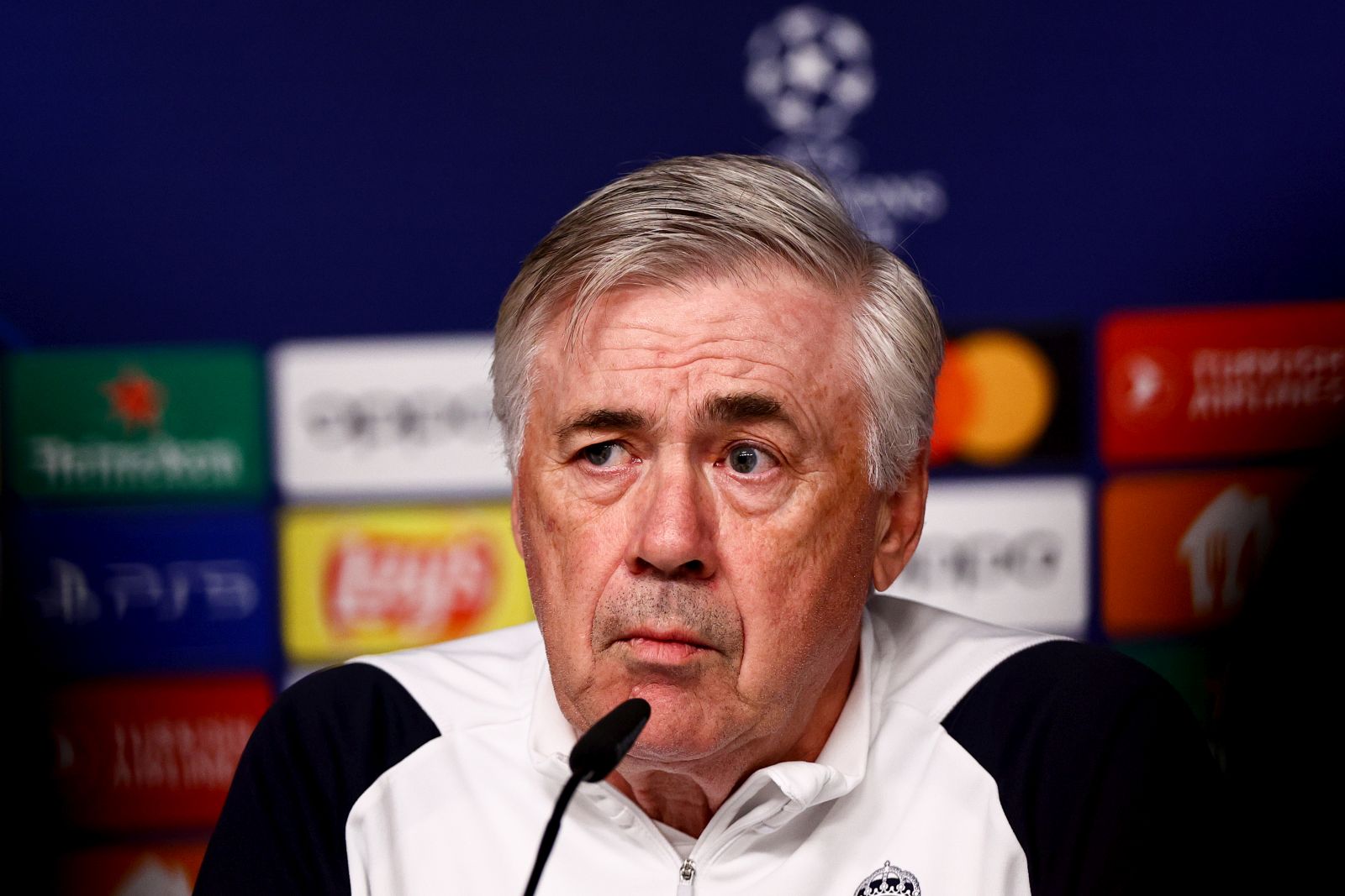 epa11148190 Madrid's head coach Carlo Ancelotti attends a press conference in Leipzig, Germany, 12 February 2024. Real Madrid will face RB leipzig in their UEFA Champions League Round of 16 first leg soccer match on 13 February.  EPA/Filip Singer