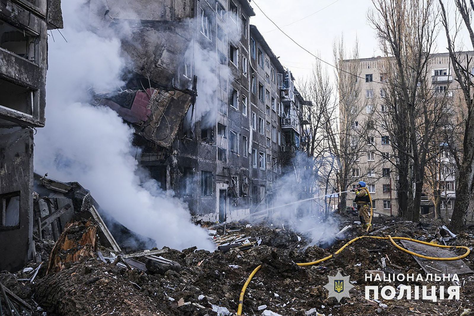 epa11152422 A handout photo made available by the National Police of Ukraine, shows the site of a shelling on a residential building in Selidove city of Donetsk area, Ukraine, 14 February 2024 amid the Russian invasion. At least three people were killed and another 12 were injured following a Russian strike on a five-floor residential building, and a part of a civilian hospital according to the State Emergency Service. according to the State Emergency Service.  EPA/NATIONAL POLICE OF UKRAINE HANDOUT HANDOUT  HANDOUT EDITORIAL USE ONLY/NO SALES HANDOUT EDITORIAL USE ONLY/NO SALES