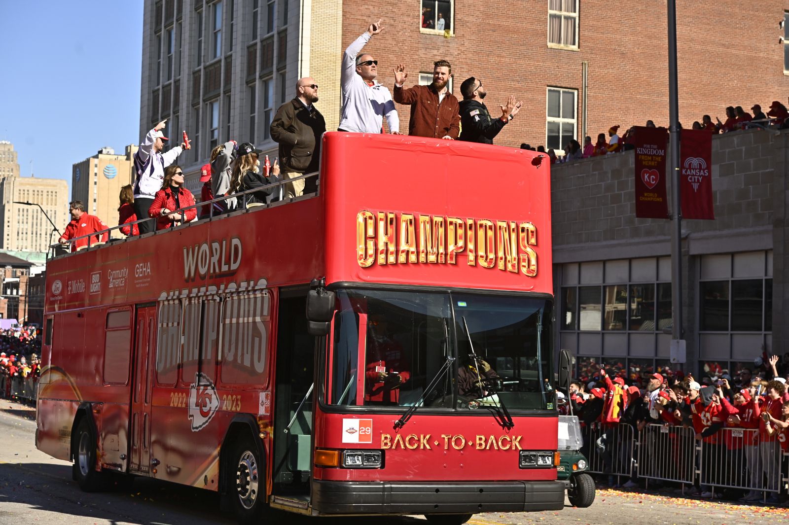 epa11153647 Kansas City Chiefs players during the NFL Super Bowl LVIII Victory Parade for the Chiefs in downtown Kansas City, Missouri, USA, 14 February 2024. The Chiefs defeated the San Francisco 49ers in the NFL’s Super Bowl LVIII in Las Vegas, Nevada, 11 February 2024.  EPA/DAVE KAUP