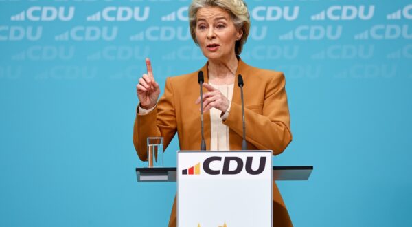epa11166008 European Commission President Ursula von der Leyen attends a press conference as the Christian Democratic Union (CDU) party announces their candidate for the European elections, in Berlin, Germany, 19 February 2024. Ursula von der Leyen announced her bid to run for a second term as EU Commission president.  EPA/FILIP SINGER