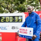 FILE PHOTO: Oct 8, 2023; Chicago, IL, USA; Kelvin Kiptum (KEN) celebrates after finishing in a world record time of 2:00:35 to win the Chicago Marathon at Grant Park. Mandatory Credit: Patrick Gorski-USA TODAY Sports/File Photo Photo: Patrick Gorski/REUTERS
