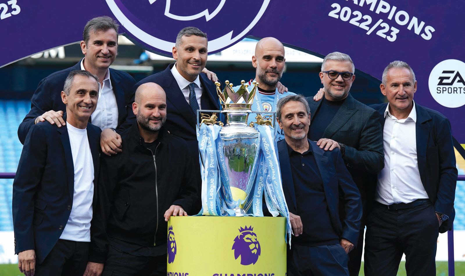Manchester, England, 21st May 2023. Back row from left Ferran Soriano, Chairman Khaldoon Al Mubarak, Josep Guardiola manager, Not named and Txiki Begiristain - Director of Football front Manel Estiarte, Pere Guardiola, Joan Patsy during the Premier League match at the Etihad Stadium, Manchester. Picture credit should read: Andrew Yates / Sportimage EDITORIAL USE ONLY. No use with unauthorised audio, video, data, fixture lists, club/league logos or live services. Online in-match use limited to 120 images, no video emulation. No use in betting, games or single club/league/player publications. SPI-2456-0160