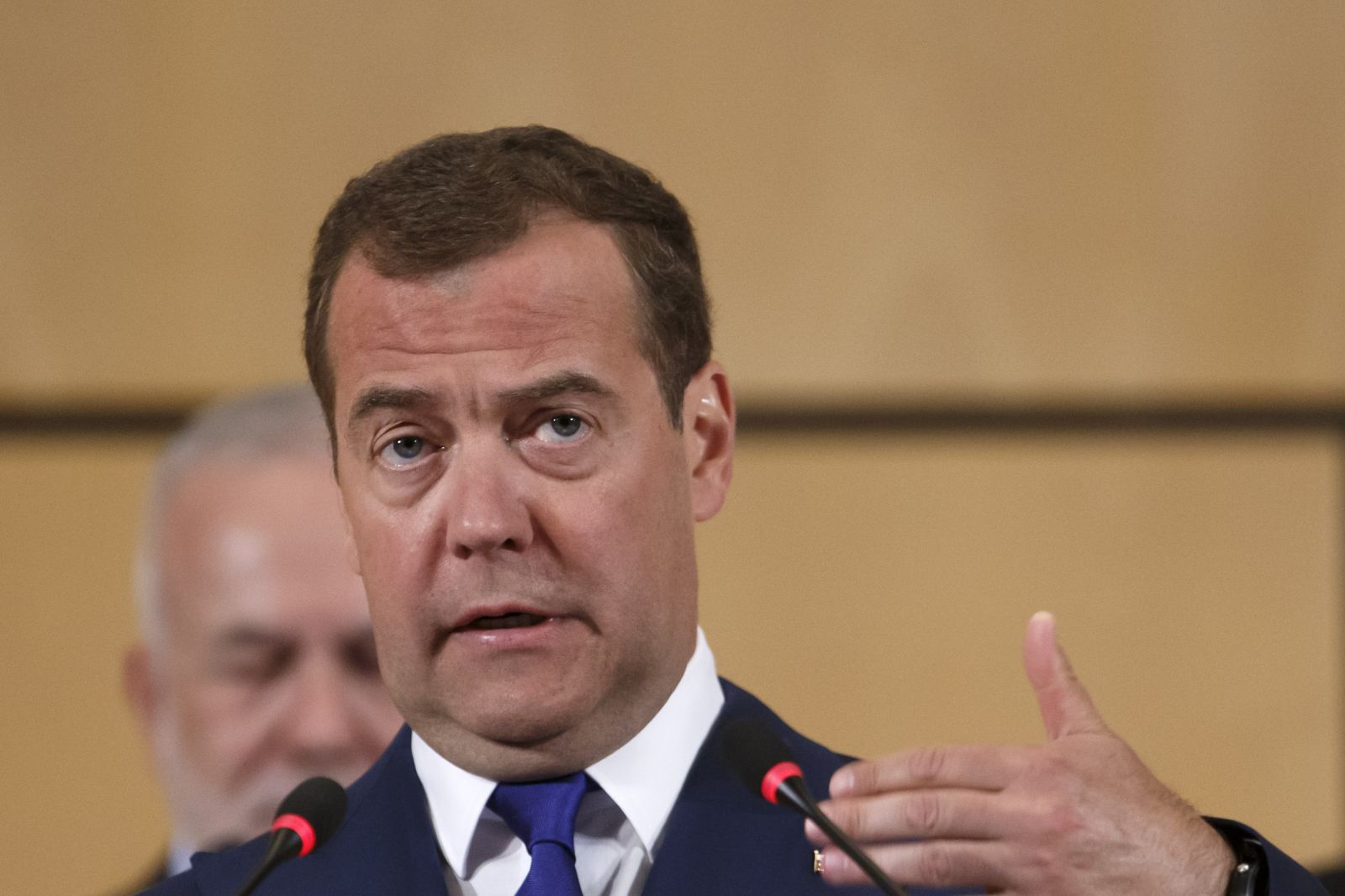 Russia's Prime Minister Dmitry Medvedev delivers his statement, during the 108th session of the International Labour Conference - ILO Centenary Session, at the European headquarters of the United Nations in Geneva, Switzerland, Tuesday, June 11, 2019. (Salvatore Di Nolfi/Keystone via AP)