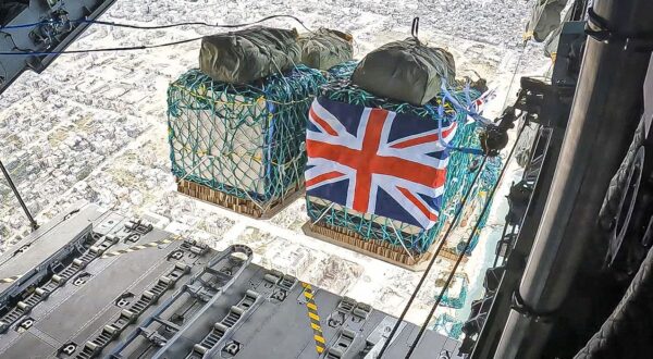 epa11244176 A handout photo made available by the British Ministry of Defence (MOD) shows humanitarian aid being airdropped over Gaza from a Royal Air Force (RAF) A400M aircraft, 25 March 2024 (issued 26 March 2024). The Royal Air Force airdropped over 10 tons of food supplies into Gaza for the first time on 25 March, as part of international efforts to provide life-saving assistance to civilians.The aid consists of water, rice, cooking oil, flour, tinned goods and baby formula.  EPA/AS1 LEAH JONES / RAF HANDOUT -- MANDATORY CREDIT: AS1 LEAH JONES/MOD CROWN COPYRIGHT -- HANDOUT EDITORIAL USE ONLY/NO SALES HANDOUT EDITORIAL USE ONLY/NO SALES