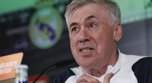 epa11177280 Real Madrid's head coach, Italian Carlo Ancelotti, reacts during a press conference after a team's training session at club's sport complex in Valdebebas, Madrid, Spain, 24 February 2024. The team prepares its LaLiga game against Sevilla on 25 February.  EPA/Fernando Alvarado