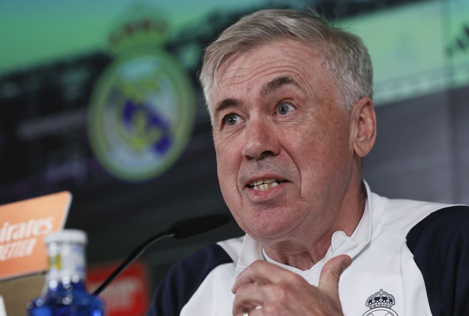 epa11177280 Real Madrid's head coach, Italian Carlo Ancelotti, reacts during a press conference after a team's training session at club's sport complex in Valdebebas, Madrid, Spain, 24 February 2024. The team prepares its LaLiga game against Sevilla on 25 February.  EPA/Fernando Alvarado