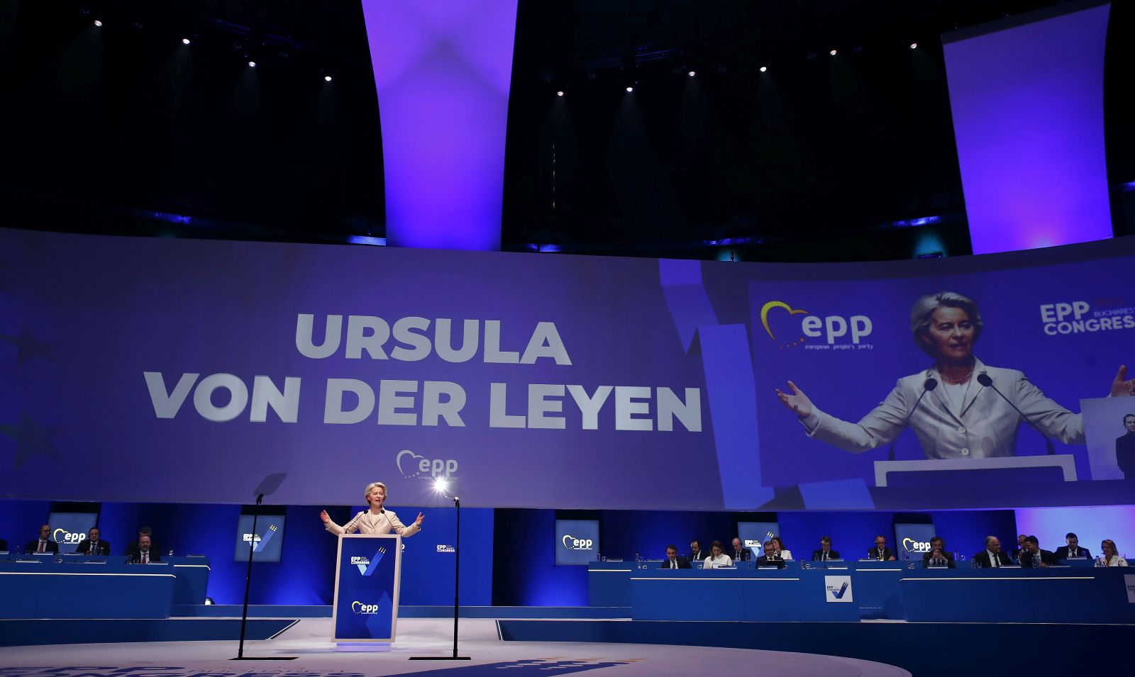 epa11203631 European Commission President Ursula von der Leyen, the EPP candidate for the same position, delivers her speech during the second plenary session of the European People's Party Congress in Bucharest, Romania, 07 March 2024. The European People's Party (EPP) party holds its Congress in Romania's capital on 06 and 07 March, to choose their candidates for the EU Parliament elections, and as well their nominees for the EU leadership. European Union parliamentary elections will take place from 06 until 09 June 2024.  EPA/Robert Ghement