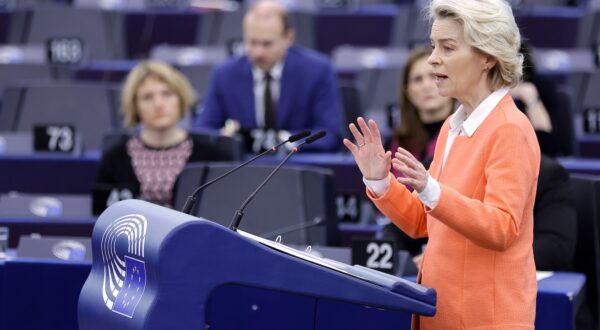 epa11215803 European Commission President Ursula von der Leyen speaks during a debate on 'Council and Commission statements - Preparation of the European Council meeting of 21 and 22 March 2024' at the European Parliament in Strasbourg, France, 12 March 2024. The EU Parliament's session runs from 11 till 14 March 2024.  EPA/RONALD WITTEK