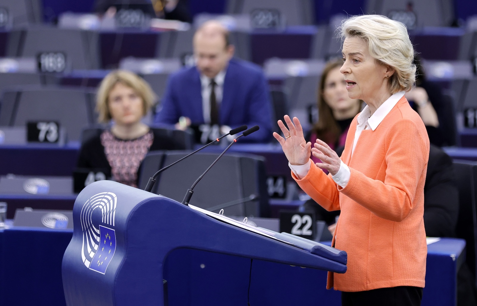 epa11215803 European Commission President Ursula von der Leyen speaks during a debate on 'Council and Commission statements - Preparation of the European Council meeting of 21 and 22 March 2024' at the European Parliament in Strasbourg, France, 12 March 2024. The EU Parliament's session runs from 11 till 14 March 2024.  EPA/RONALD WITTEK