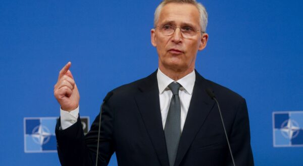 epa11219799 NATO Secretary General Jens Stoltenberg gestures during a press conference to present his annual report for 2023 at NATO headquarters in Brussels, Belgium, 14 March 2024.  EPA/OLIVIER HOSLET