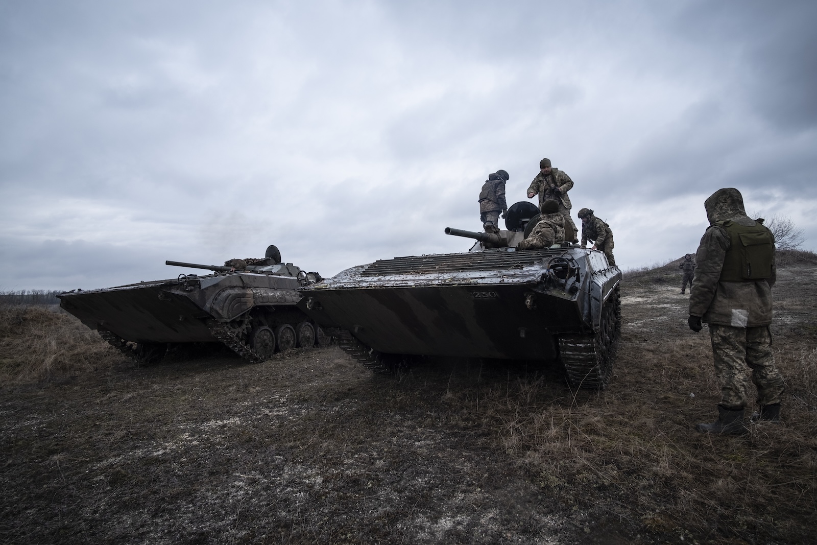 epa11222860 BMP-1 armoured vehicles are used for the training of new Ukrainian recruits to prepare them to become infantrymen of Ukraine's 22nd Army Brigade, Donetsk, Ukraine, 14 March 2024 (issued 15 March 2024). The training lasts several months and recruits are instructed in combat medicine, handling of small arms, RPGs and BMP-1 type armoured vehicles, among other training. The Ukrainian Army is currently seeking to enlist 350,000 new soldiers to replace those who have been fighting for more than two years after Russian troops entered Ukrainian territory in February 2022, starting a conflict that has provoked destruction and a humanitarian crisis.  EPA/Maria Senovilla