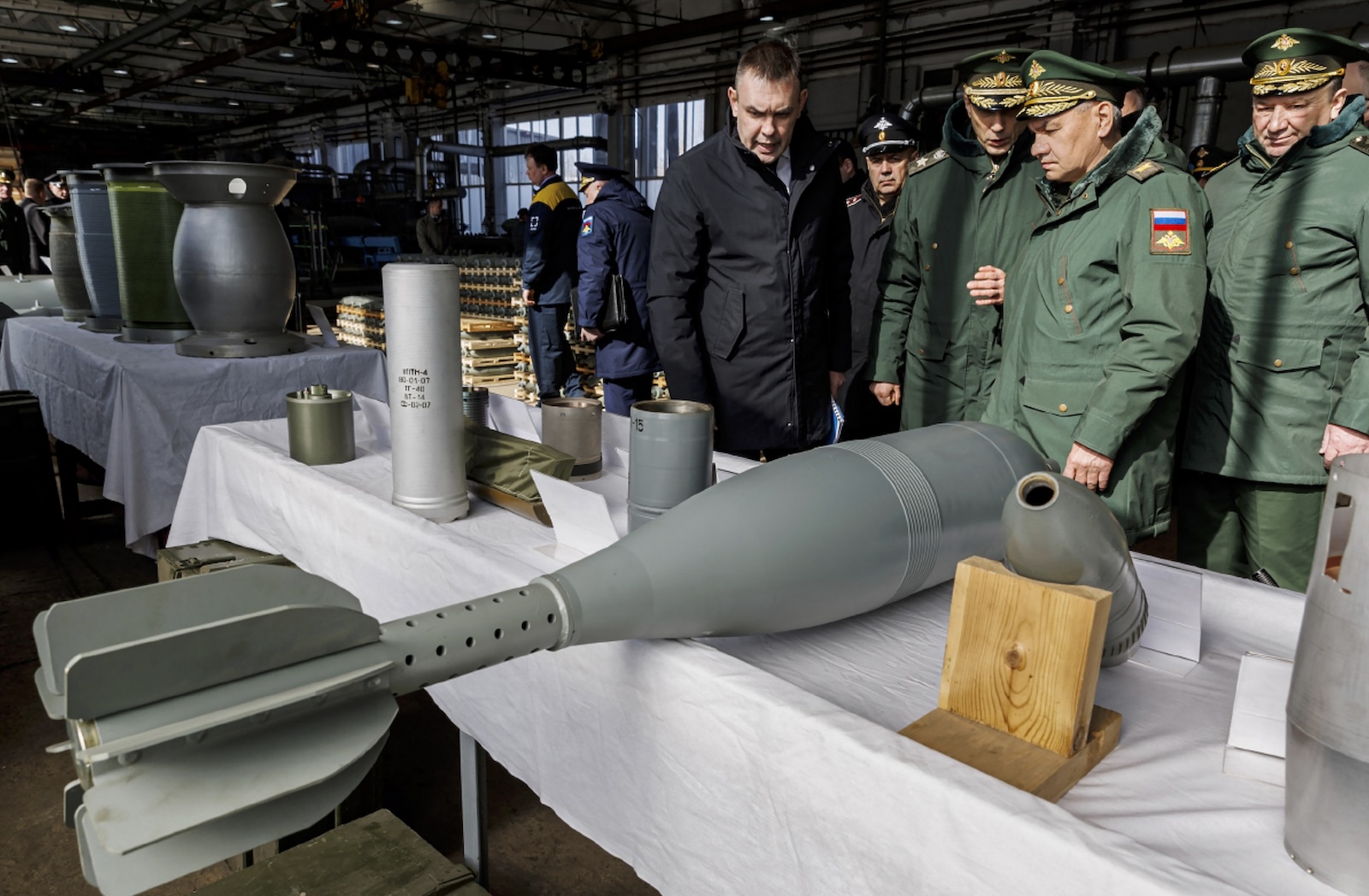 epa11233918 A handout photo made available by the Russian Defence Ministry Press-Service shows Russian Defense Minister Sergei Shoigu (2-R) inspecting the implementation of the state defense order by military ammunition enterprises in Nizhny Novgorod, Russia, 21 March 2024. Russian Defense Minister Shoigu inspected defense industry enterprises in the Nizhny Novgorod Region, where he was informed about the increased production of aerial bombs, including the FAB-500, FAB-1500 and FAB-3000, the Russian Defence Ministry announced.  EPA/VADIM SAVITSKY/RUSSIAN DEFENCE MINISTRY PRESS SERVICE HANDOUT -- MANDATORY CREDIT -- HANDOUT EDITORIAL USE ONLY/NO SALES HANDOUT EDITORIAL USE ONLY/NO SALES