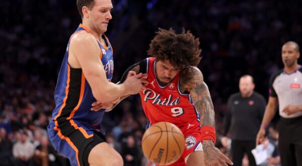 Mar 10, 2024; New York, New York, USA; Philadelphia 76ers guard Kelly Oubre Jr. (9) is fouled by New York Knicks forward Bojan Bogdanovic (44) during the second quarter at Madison Square Garden. Mandatory Credit: Brad Penner-USA TODAY Sports Photo: Brad Penner/REUTERS