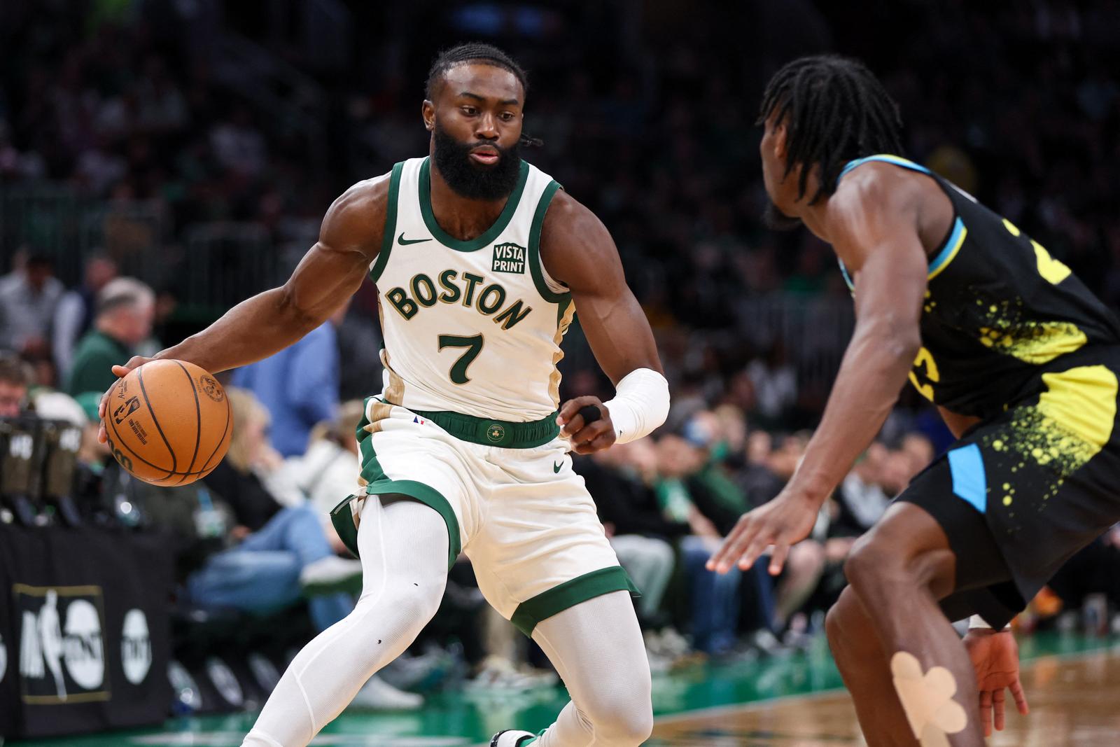 Jan 30, 2024; Boston, Massachusetts, USA; Boston Celtics forward Jaylen Brown (7) drives to the basket during the second half against the Indiana Pacers at TD Garden. Mandatory Credit: Paul Rutherford-USA TODAY Sports Photo: Paul Rutherford/REUTERS