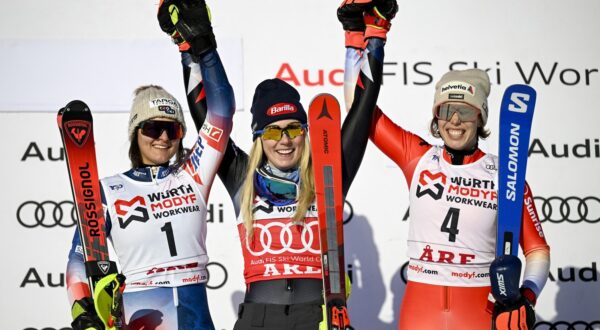 (LtoR) Second placed Croatia's Zrinka Ljutic, winner USA's Mikaela Shiffrin and third placed Switzerland's Michelle Gisin celebrate on the podium after the Women's Slalom race at the FIS Alpine Skiing World Cup in Are, Sweden, on March 10, 2024.,Image: 855542588, License: Rights-managed, Restrictions: Sweden OUT, Model Release: no, Credit line: Pontus LUNDAHL / AFP / Profimedia