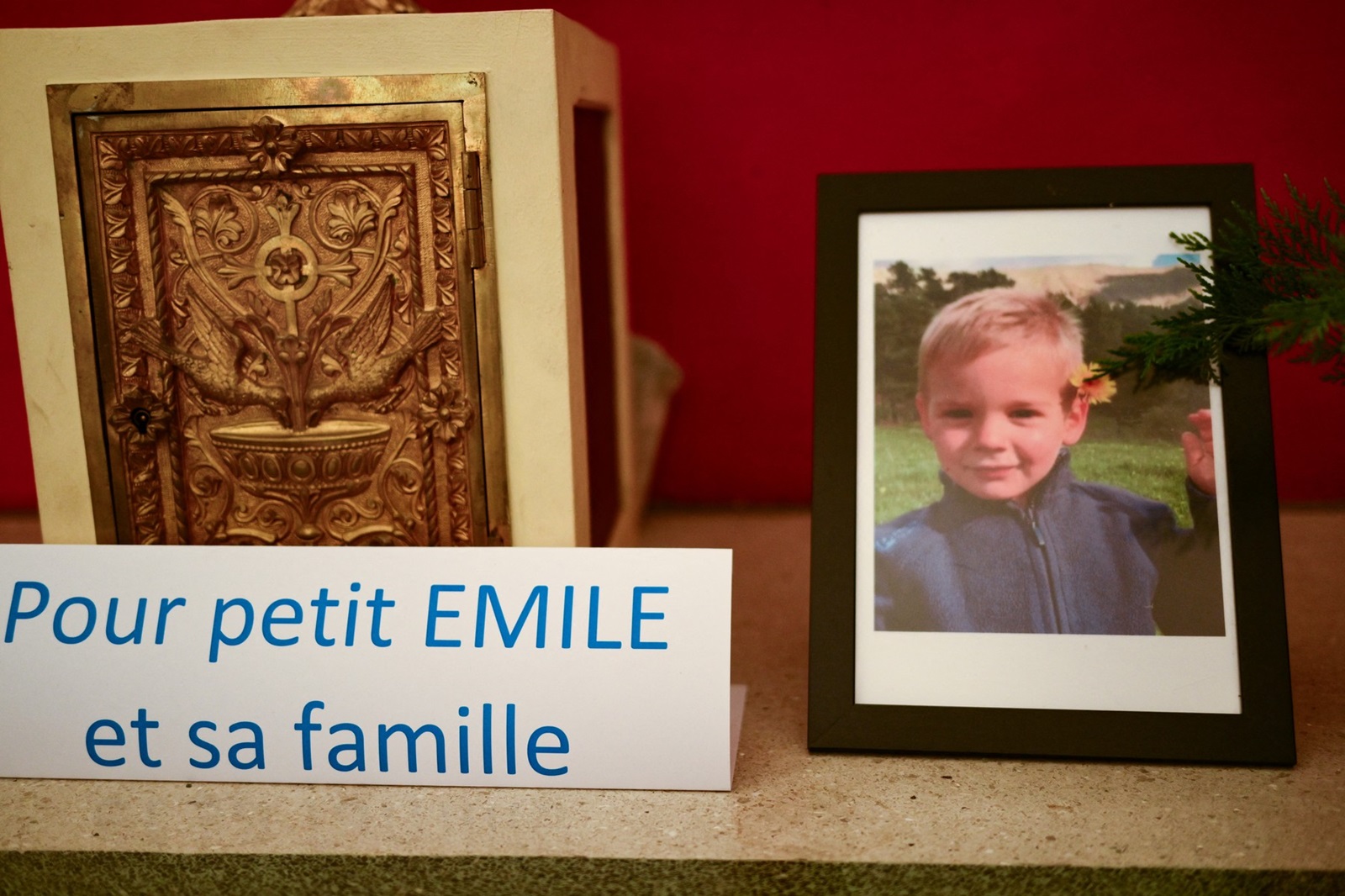 This photograph taken on March 21, 2024, inside a chapel in La Bouilladisse southern France, shows a card with the inscription reading "For the little Emile and his family" next to a portrait of Emile, a missing boy, who disappeared on July 8, 2023 in Le Vernet, southeastern France.,Image: 858528007, License: Rights-managed, Restrictions: , Model Release: no, Credit line: CHRISTOPHE SIMON / AFP / Profimedia