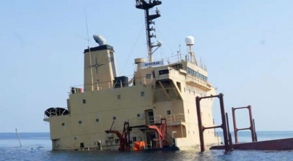 epa11184518 A handout photo made available by Yemeni Al-Joumhouriya TV shows the British-registered cargo vessel, Rubymar, sinking after being damaged in a missile attack by the Houthis in the Red Sea off the coast of Yemen, 26 February 2024 (issued 27 February 2024). The Saudi-backed government of Yemen has asked the United Nations for urgent help to avoid an environmental disaster due to the danger of a spill from Rubymar’s cargo of fertilizer, after it was hit a week ago in a missile strike by Yemen’s Houthis while sailing through the tense waters of the Red Sea. The US-led coalition continues to strike Houthi targets in Yemen as it seeks to degrade the Houthis' abilities to attack commercial shipping vessels amid high tensions in the Middle East. In light of increased maritime security threats, the US designation of the Houthis as a 'Specially Designated Global Terrorist Group' went into effect on 16 February.  EPA/Yemeni Al-Joumhouriya TV HANDOUT  HANDOUT EDITORIAL USE ONLY/NO SALES HANDOUT EDITORIAL USE ONLY/NO SALES