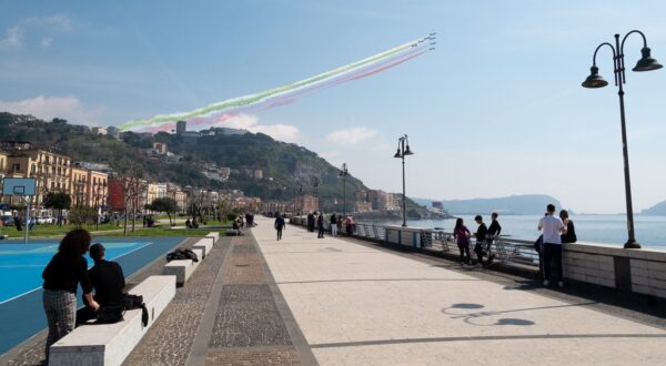 Italian Air Force's aerobatic demonstration team Frecce Tricolori performs as they pass over the Air Force Academy during the Oath and Baptism ceremony of the students of the 1st class of the Institute's Regular Courses, Course Eolo VI, in Pozzuoli on March 21, 2024.,Image: 858490877, License: Rights-managed, Restrictions: , Model Release: no, Credit line: Eliano Imperato / AFP / Profimedia