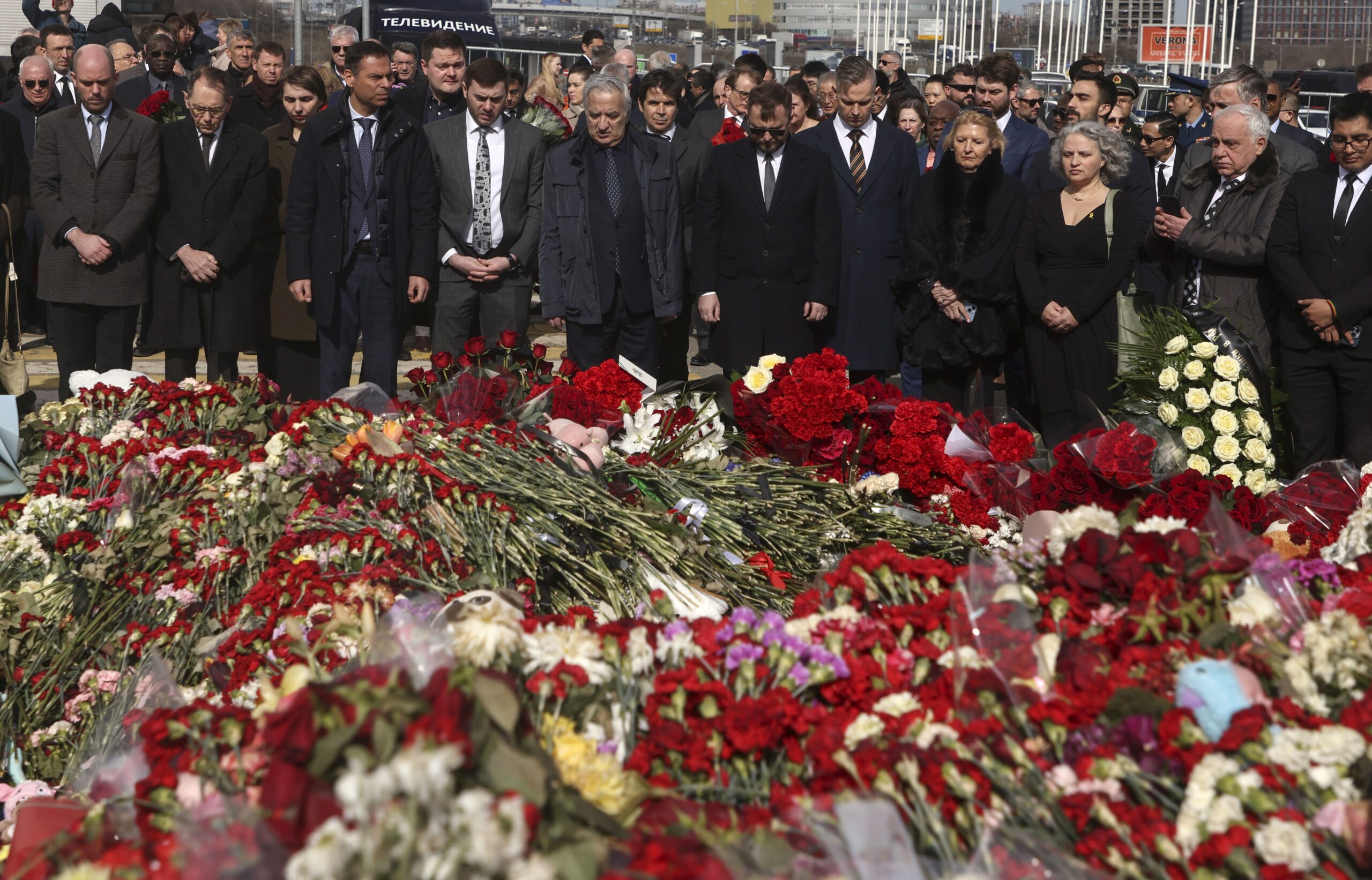 epa11251003 Ambassadors and representatives of diplomatic missions accredited in Russia attend a flower-laying ceremony at the memorial for the victims of the terrorist attack at the Crocus City Hall concert venue in Krasnogorsk, outside Moscow, Russia, 30 March 2024. At least 144 people were killed and more than 100 were hospitalized after a group of gunmen attacked the concert hall in the Moscow region on 22 March evening, Russian officials said. Eleven suspects, including all four gunmen directly involved in the terrorist attack, have been detained, according to Russian authorities.  EPA/SERGEI ILNITSKY