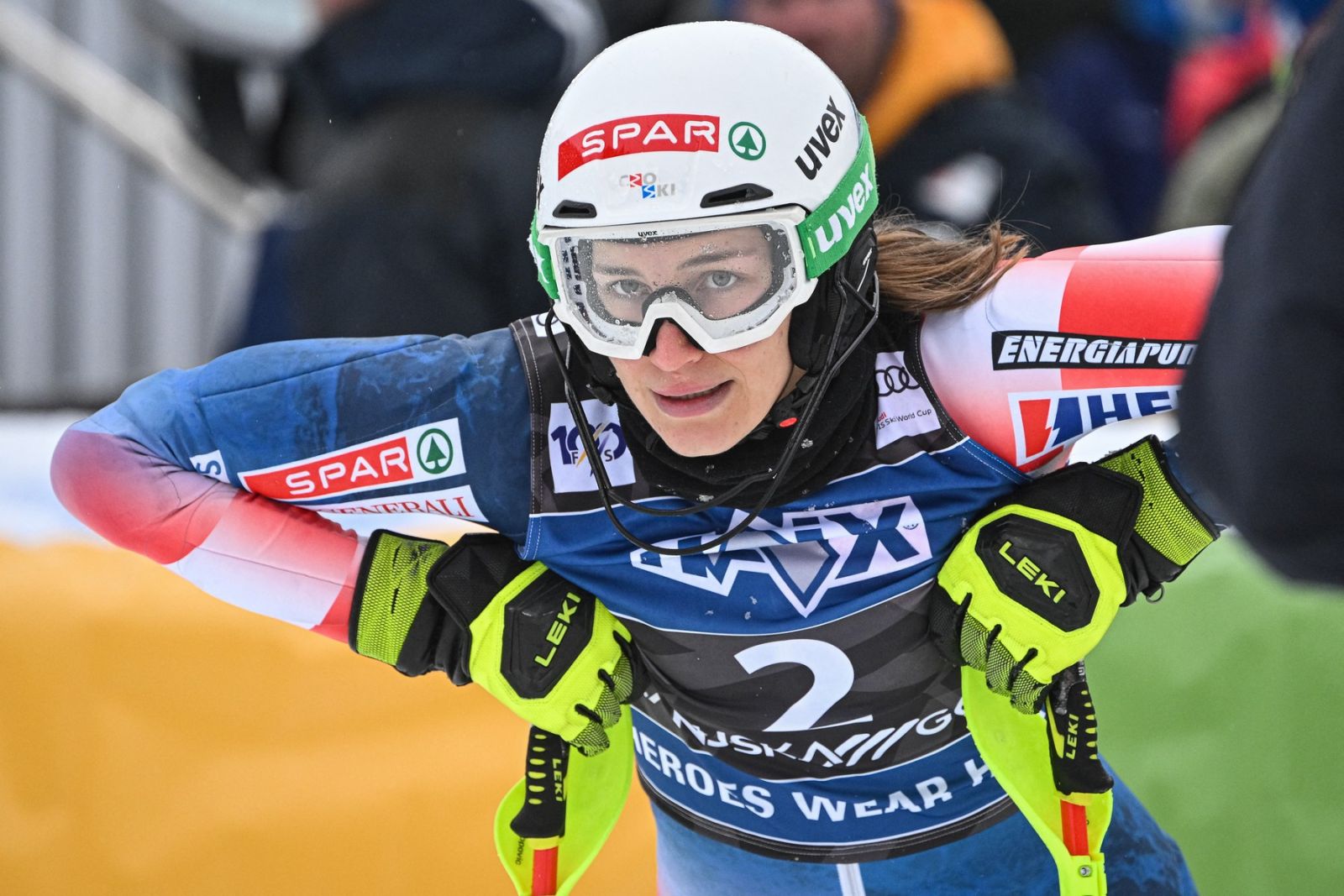 Croatia's Leona Popovic reacts in the finish area of the Slalom event of the Women’s FIS Alpine Skiing World Cup in Kranjska Gora, Slovenia on January 7, 2024.,Image: 834921494, License: Rights-managed, Restrictions: , Model Release: no, Credit line: Jure Makovec / AFP / Profimedia